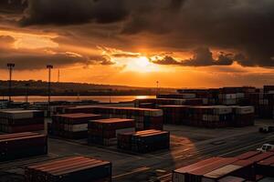 almacenamiento a Puerto con contenedores a puesta de sol. ai generado foto