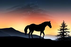 Horse silhouette facing right with mountain range and colored sky in background Christmas holiday photo
