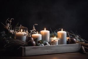 Christmas Decor With Candles And Branches On Wood Modern Ornaments Festive Social Media Banner With Negative Space photo