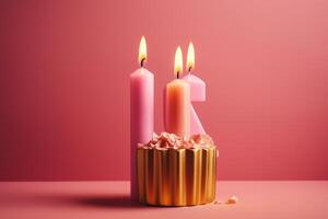 Pink Background With 4 Shaped Gold Birthday Candle photo