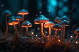 hermosa macro Disparo de encantado magia hongos con un mágico ligero presentado en un digital Arte forma. ai generado foto