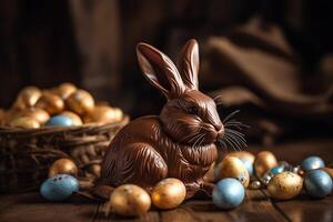 Pascua de Resurrección conejito con chocolate huevos. ai generado foto
