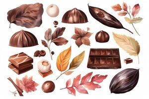 Watercolor Chocolate Set And Realistic Botanical And Food Illustrations Isolated On White Background. photo