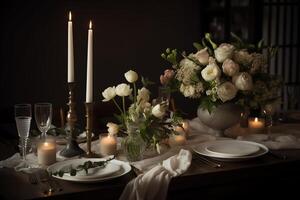 Table With White Candles And Flowers photo