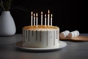 un minimalista blanco pastel con dorado Formación de hielo fuegos artificiales velas y 10 en parte superior ai generado foto