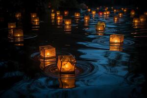 Floating Lanterns In Dark Water photo