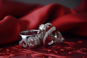 dos tachonado de diamantes blanco oro compromiso anillos con un en forma de corazon cinta en rojo más un romántico Boda joyería fondo ai generado foto