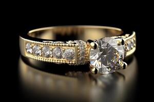 3d Gold Engagement Ring With Diamond And Reflection. photo