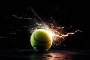 un tenis pelota golpear a alto velocidad con relámpago poder y un brillante antecedentes imagen. ai generado foto