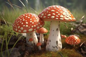 amanita hongos mostrado en 3d ilustración. ai generado foto