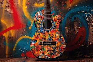 A guitar rests in the background of an image featuring a colorfully painted musical instrument decorated with music notes. photo