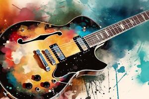 Colorful guitar on watercolor painting background with digital brush illustration. photo