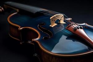 Classic violin on dark blue background in closeup. photo