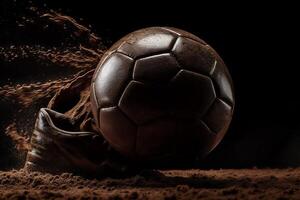 Football boot kicking soccer ball seen from the side. photo