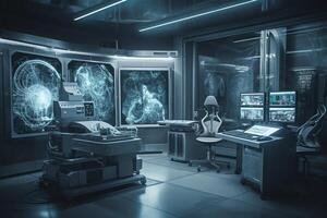 Modern clinic operating room with computer equipment and neural network art. photo