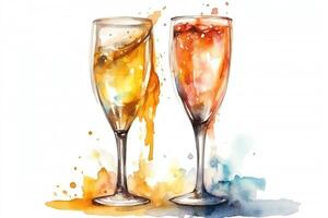 Watercolor Champagne Glasses Isolated On White Splashing. photo