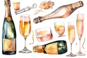 Watercolor Handdrawn Champagne Set With Clip Art Illustrations. photo