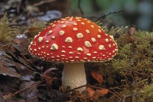 Vibrant red with white spots the red cap mushroom is both psychedelic and poisonous. photo