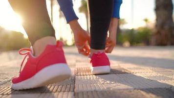 cerca arriba de mujer atadura zapato cordones y corriendo a lo largo el palma avenida a puesta de sol video