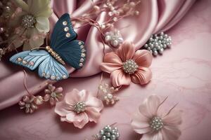 3d Wallpaper Jewelry Flowers And Butterflies On Silk Background photo