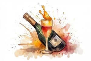 Champagne Bottle Burst With Glass And Illustrated Watercolor Drink. photo