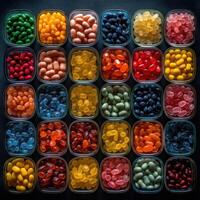 vast array of different jelly bean flavors in open jar photo
