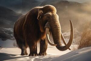 un grande lanoso mamut en el nieve generativo ai foto