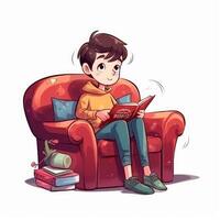 A cute young boy read a book on the sofa image on white background photo