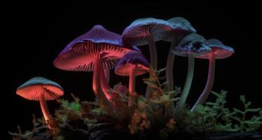 some colorful mushrooms growing in the dark background photo