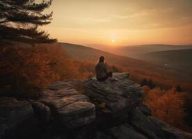 beautiful woman sits on rock and watches sunset photo