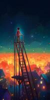 beautiful image of a kid on top of a ladder looking at the magical sky photo