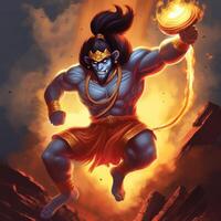 ilustración de hindú Dios Hanuman en lanka ardiente lanka imágenes además llamado maruti y bajrang bali es un hindú Dios y un adivinar vanara compañero de el Dios rama generativo ai foto