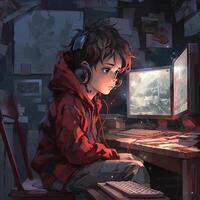 A boy in front of computer screen photo