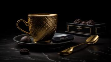 imagen de un dorado taza y cuchara en un negro mesa generativo ai foto
