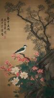 Ancient designer painting of birds flowers on tree photo