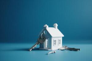 image of cute white house key chain on sky blue background photo