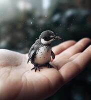 image of penguin baby being held in his mother's hand photo