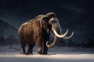 lanoso mamut en el nieve a noche generativo ai foto