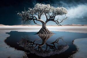 Dark view of tree of life reflected in water photo