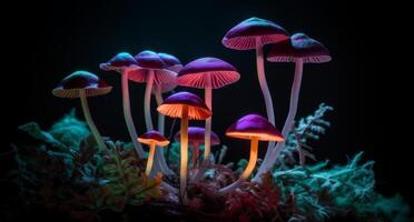 colorful mushrooms growing in the dark background photo