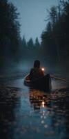 A man sitting in a canoe in the river at night photo