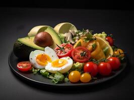 image of healthy food plate with avocados tomatoes egg image photo