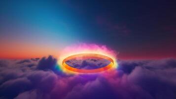 View of colorful rainbow ring over colorful clouds photo