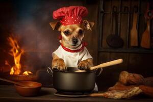 dog as chef working hard at a colorful cake in kitchen photo