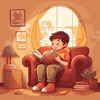 A cute young boy read a book on the sofa in his house photo