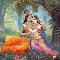 colorful painting of krishna and radha in love photo