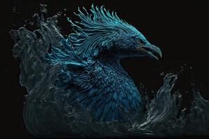 illustration of a water phoenix raising from the water black background photo