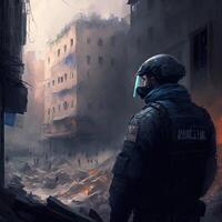 illustration of a policeman in a devastated city photo