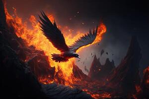 flying burning lava eagle with magma in background photo