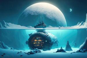 Submerged alien arctic base with a moon in the background photo